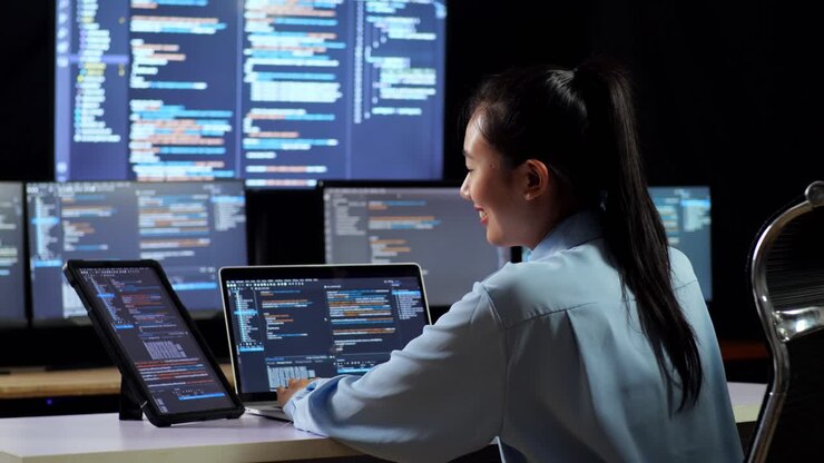 Back View Of Asian Female Programmer Looking At Database On Tablet And Writing Code By A Laptop Using Multiple Monitors Showing Database On Desktops In The Office