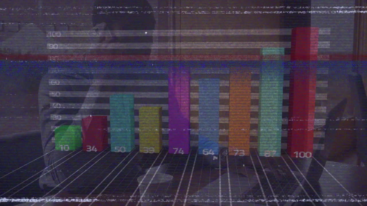 animación de la pantalla con glitch y gráficos sobre hombre de negocios afroamericano haciendo una llamada telefónica