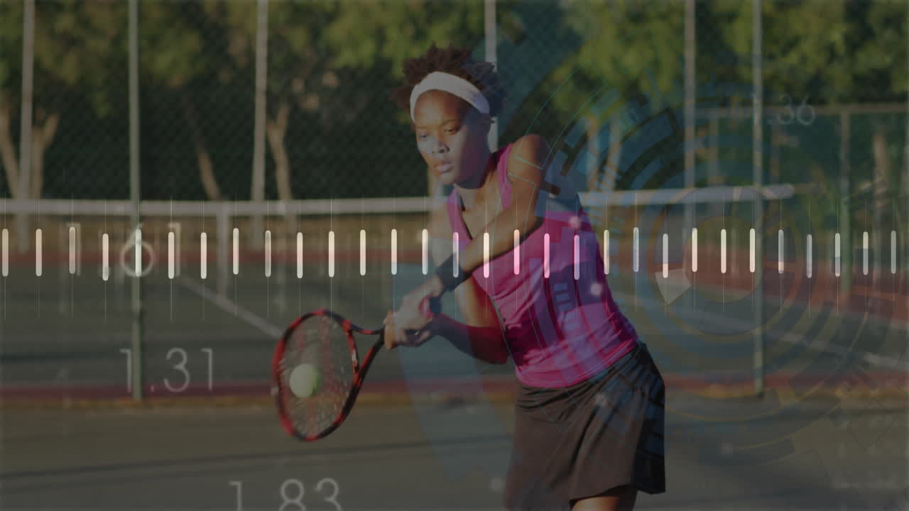 Playing tennis, athlete with data processing animation overlay in action