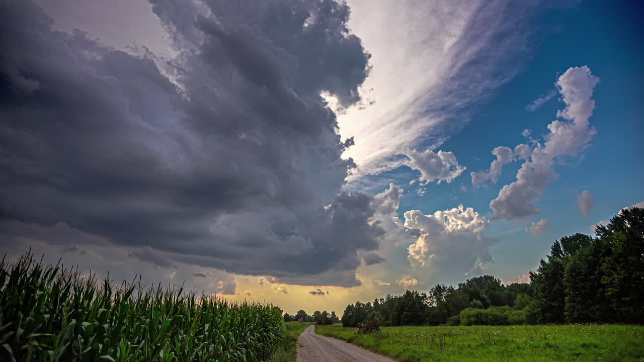 las nubes se forman sobre una carretera de campo entre los campos de maíz y los prados