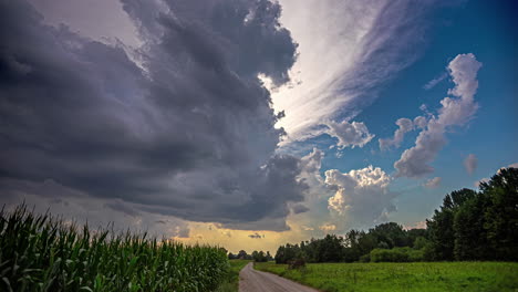 Über-Einer-Landstraße-Zwischen-Maisfeldern-Und-Wiesen-Bilden-Sich-Wolken