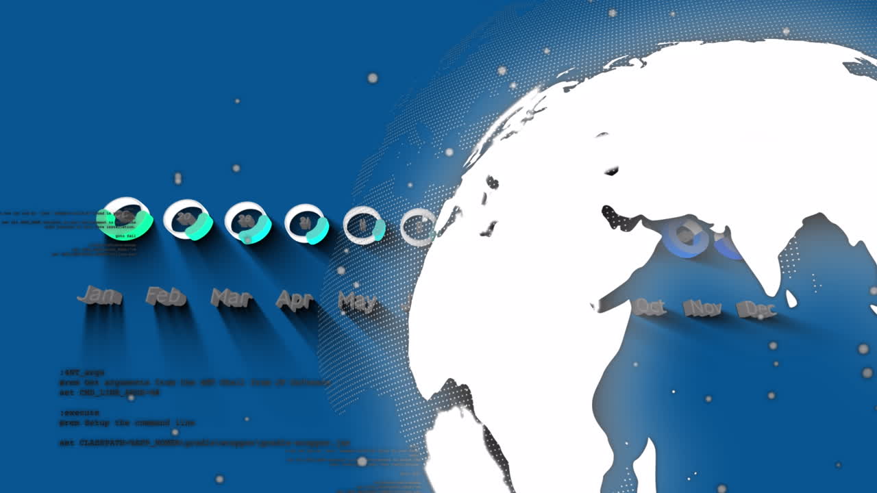 파란색 배경에 있는 데이터 프로세싱 위의 지구의 애니메이션