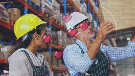 animation of hearts over diverse workers in warehouse