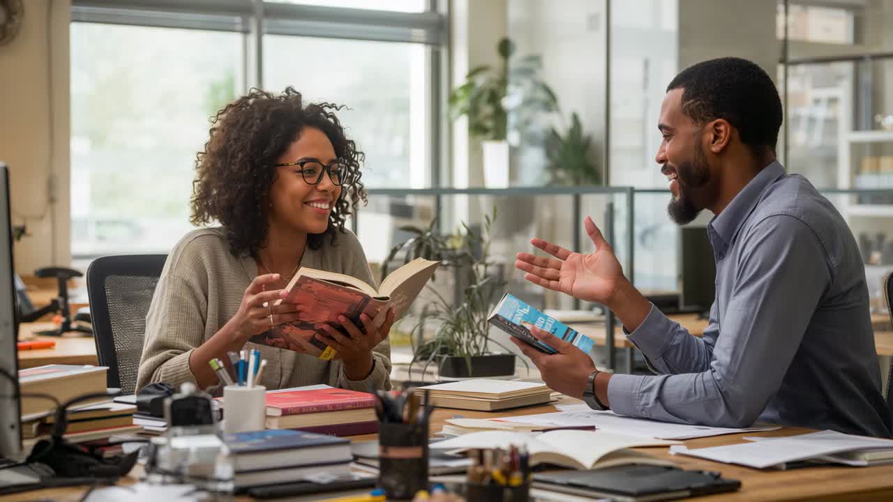 Talking biz-casual coworkers, man speaking and gesturing, woman reviewing books at office desk