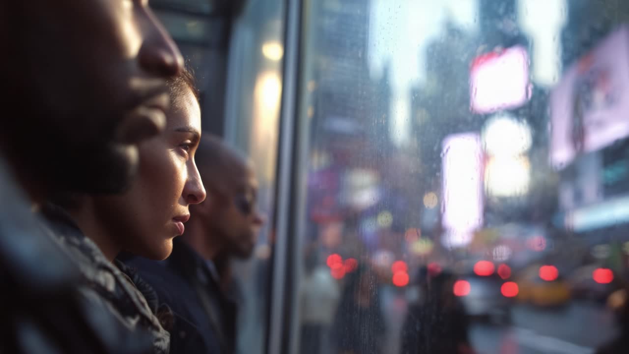 A contemplative moment captured through a rain-soaked window in a bustling urban environment, showcasing reflections and the diversity of city life