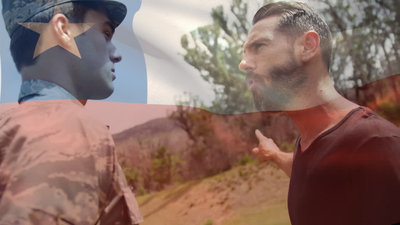 animación de la bandera de chile sobre varios soldados masculinos con el líder