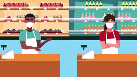 empleados de las tiendas de comestibles con máscaras