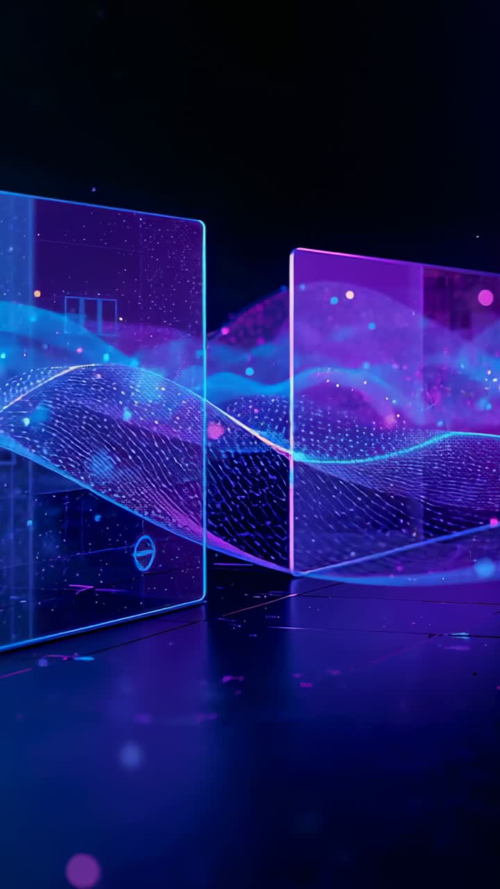 Vertical video: Loop restarting, neon wave moving behind panels on studio floor, scattering specks