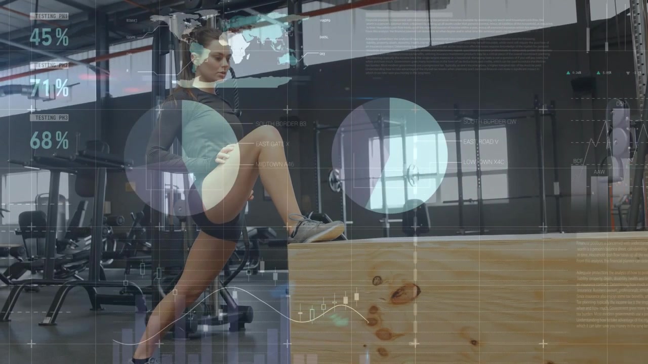 Woman placing right foot on plyo box, doing step lunges for fitness, HUD showing percentages