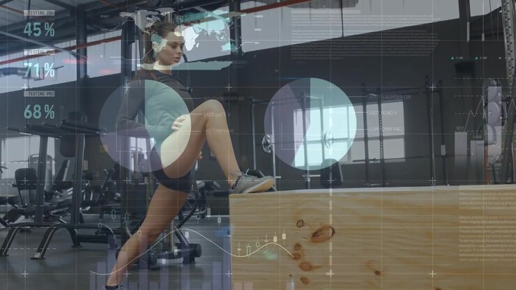 Woman placing right foot on plyo box, doing step lunges for fitness, HUD showing percentages