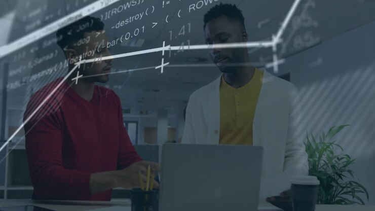 Animation af finansiel databehandling over forskellige forretningsfolk på kontoret