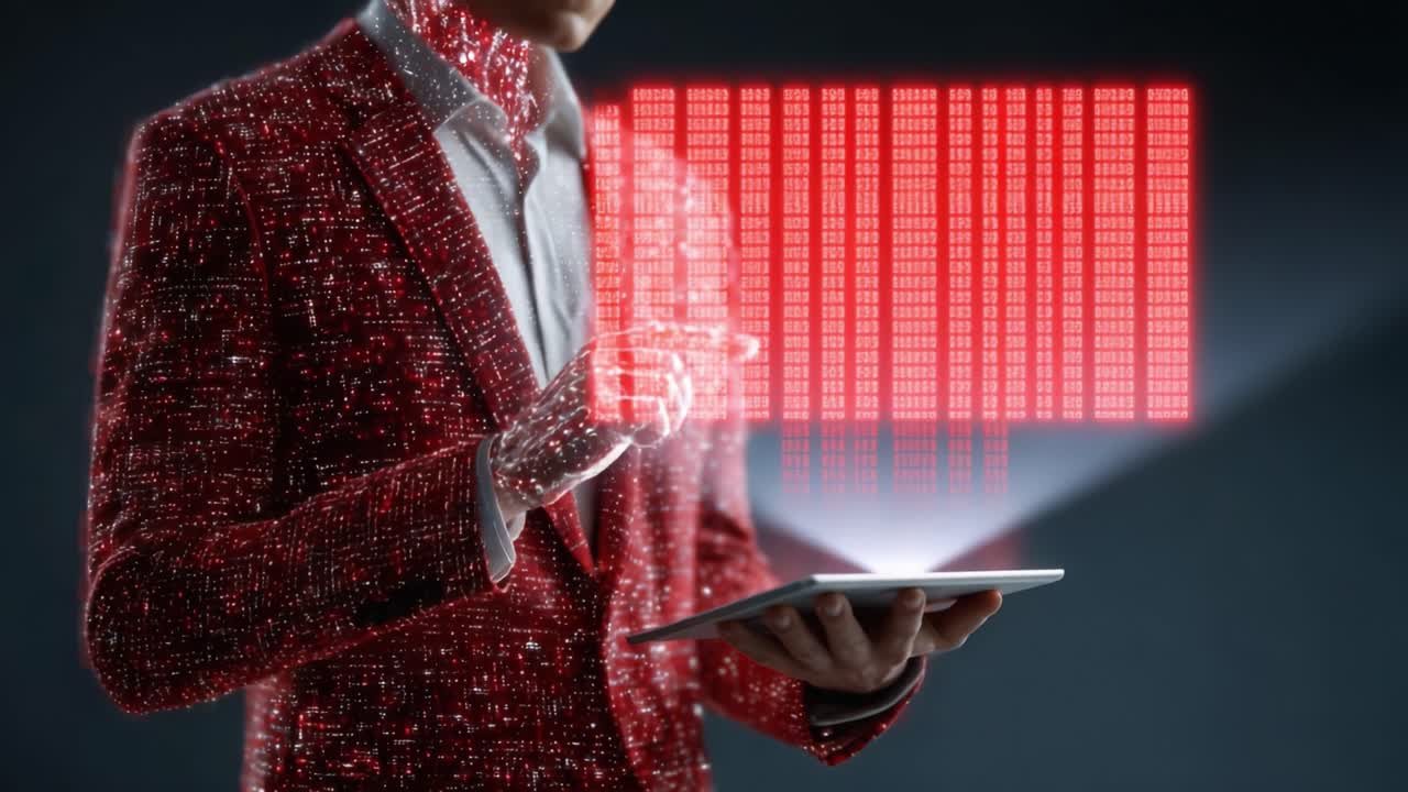 A Stylish Individual in a Red Digital Suit Engages with a Tablet Displaying Glowing Data Visualizations in a Futuristic Cyber Environment