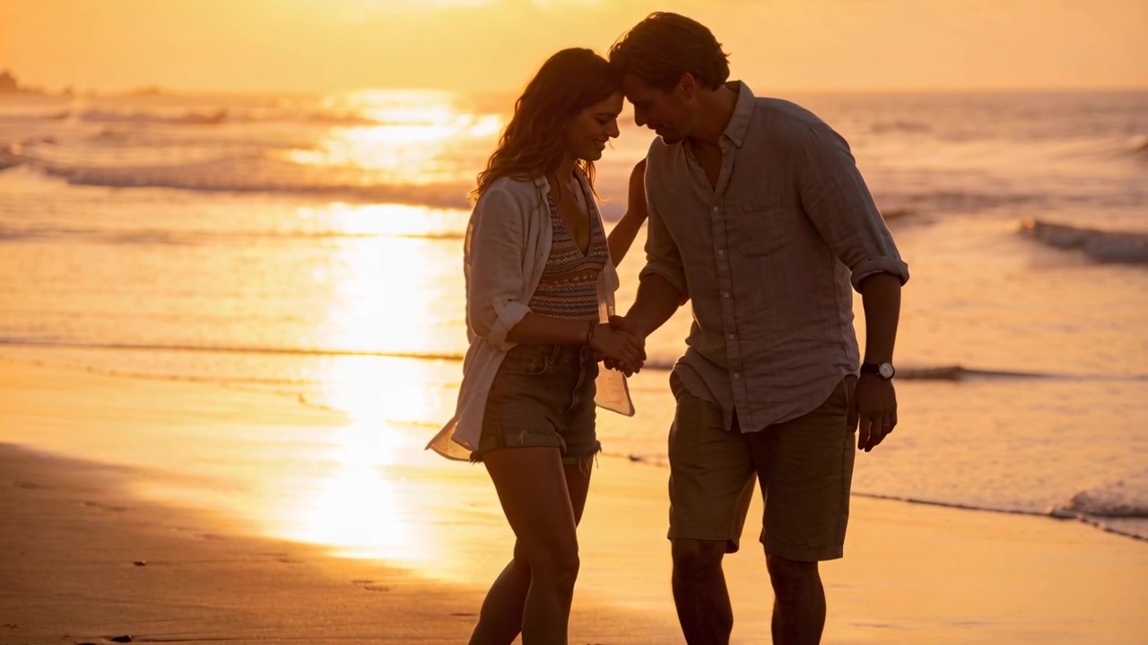 Coppia informale che appoggia le teste, la donna alza una mano, si tengono per mano, camminando sulla sabbia bagnata e condividendo il tramonto.