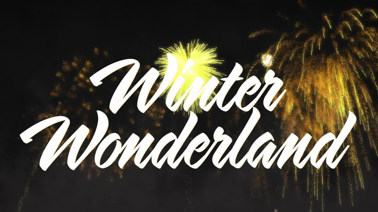 Animation of winter wonderland text over fireworks