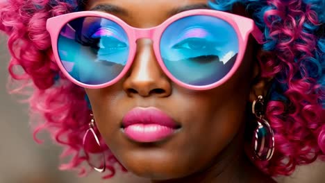 a woman with pink and blue curly hair wearing pink sunglasses