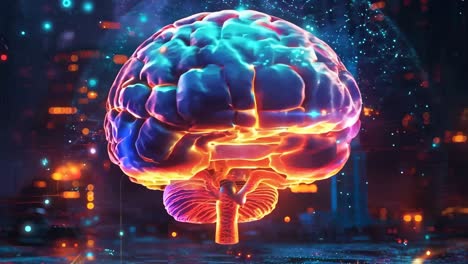 a brain with a lot of lights on it. the brain is surrounded by a city. the brain is glowing and it looks like it is in a futuristic setting