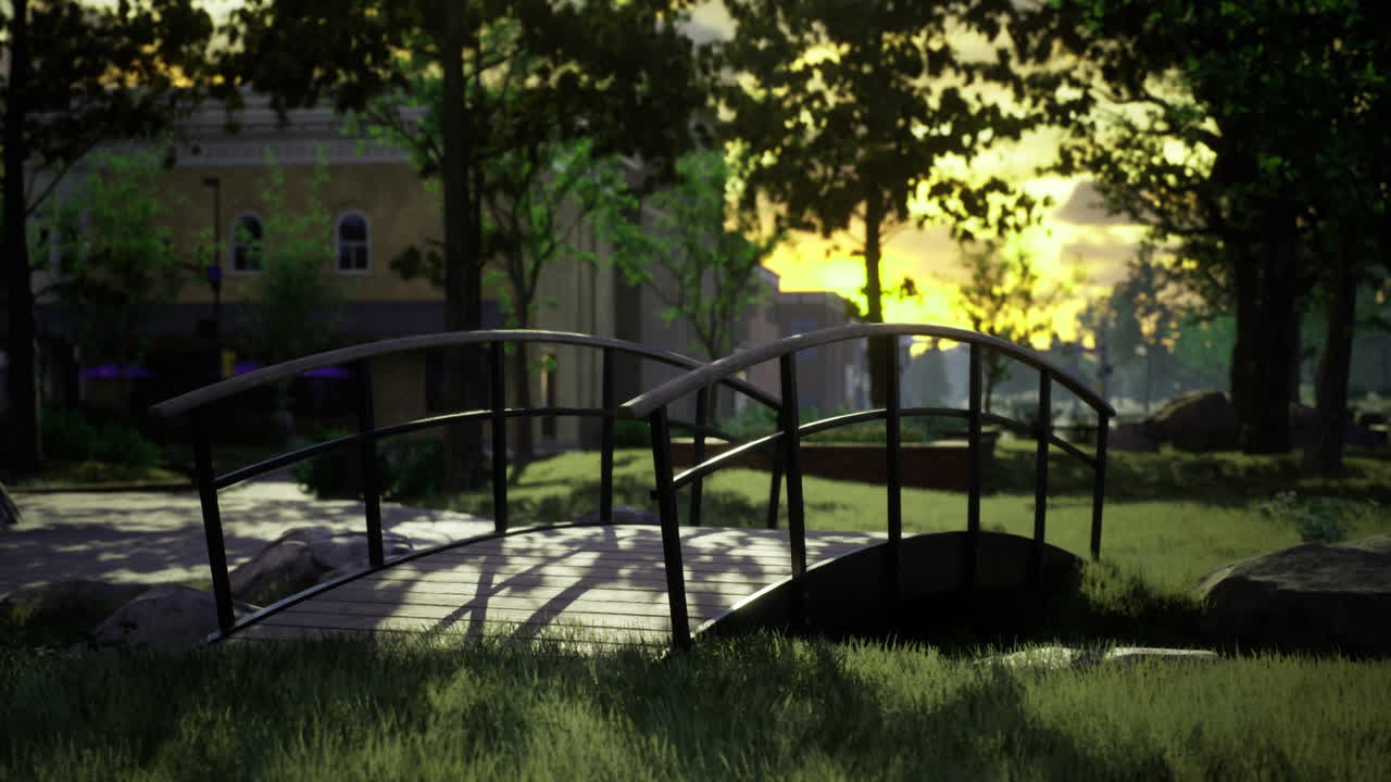 Beautiful bridge in a serene park during a vibrant sunset