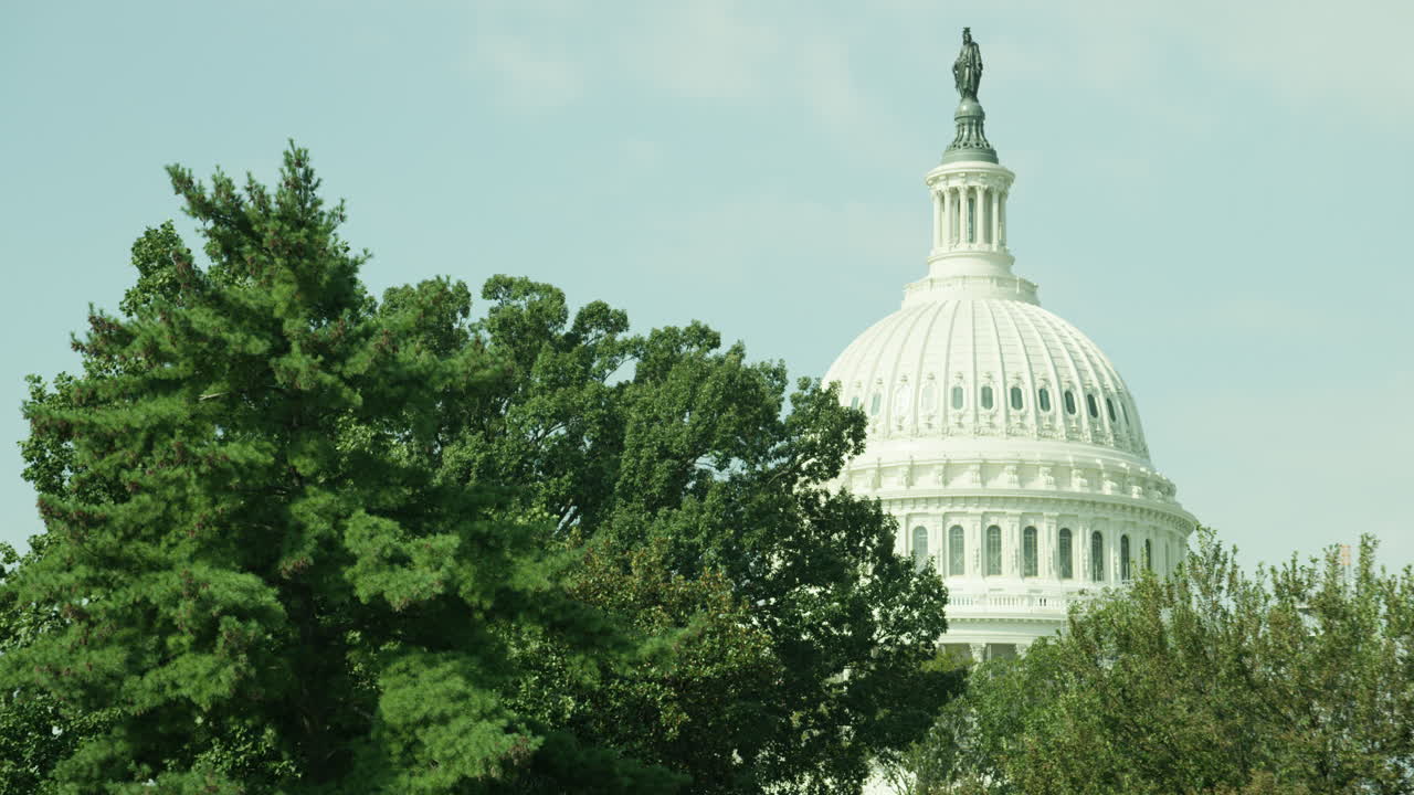 US Capitol Building behind trees in Washington DC.