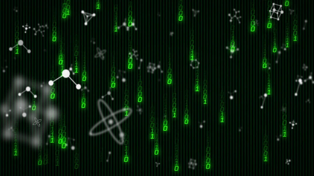 Animation of green binary code and molecular structures on dark background