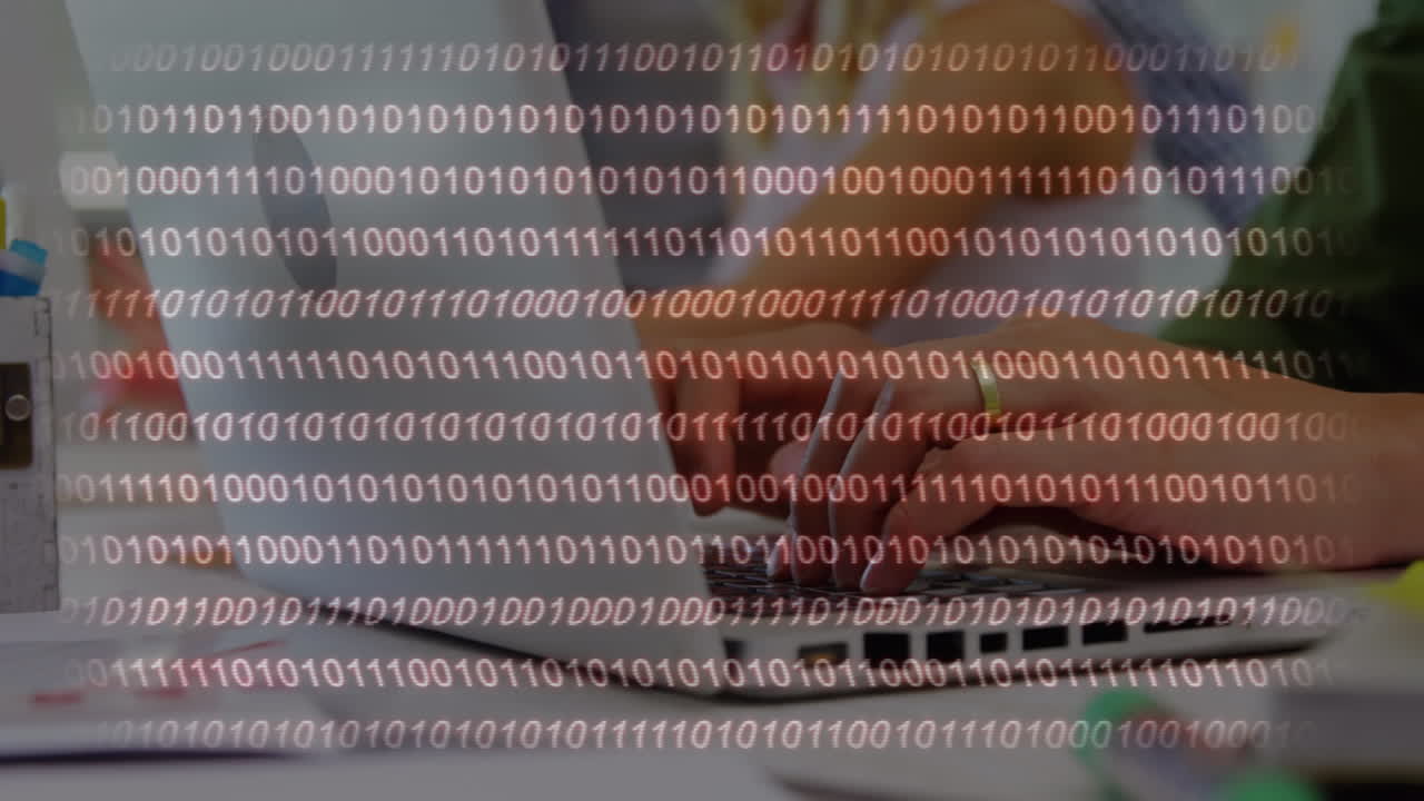 animación de codificación binaria sobre el hombre usando computadoras portátiles y estudiando