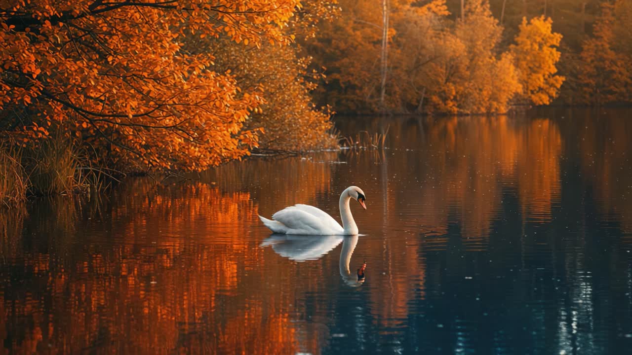 A Serene Swan Gliding Through a Reflective Autumn Lake Surrounded by Vibrant Orange Foliage, Capturing Nature's Beauty in Autumn's Embrace