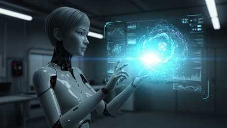 a futuristic robot interacting with holographic data: exploring advanced technology and artificial intelligence in a high-tech environment