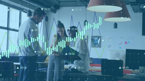 Animation-of-graphs-and-changing-numbers-over-diverse-coworker-sharing-ideas-in-office