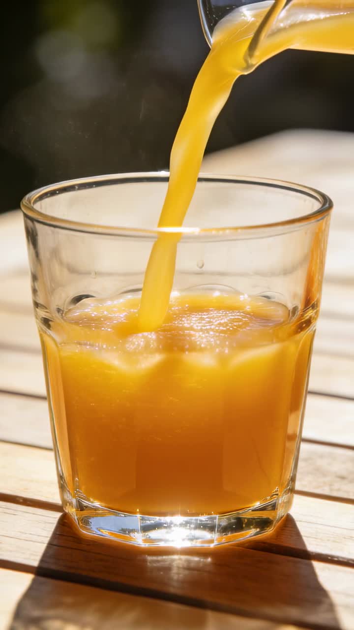 Versando da una brocca trasparente che riempie un bicchiere sfaccettato su un tavolo di legno a doghe sotto la luce solare intensa, succo d'arancia
