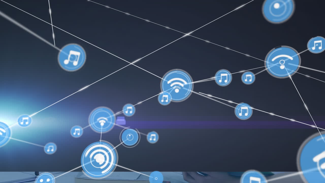 animación de la red de conexiones con iconos en fondo púrpura