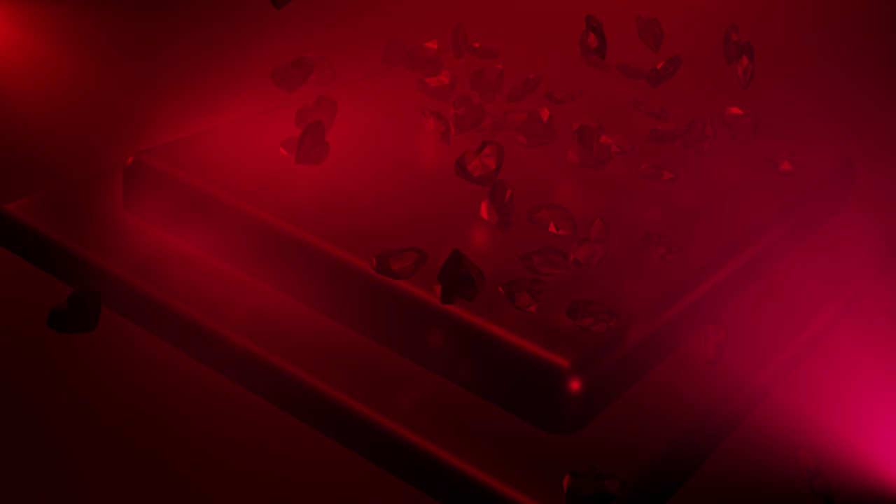 corazones poligonales rojos cayendo en un podio glamuroso. fondo del evento del día de san valentín. animación en bucle de renderización 3d 4k