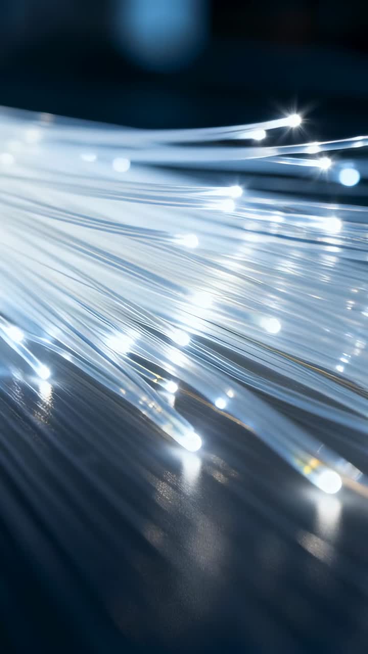Lodret video: Skiftende fokus, fiberoptisk bundt glitrer på en mørk overflade og viser stjernelignende spidser.