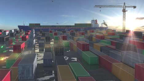 buque de contenedores en el puerto con grúa y drones