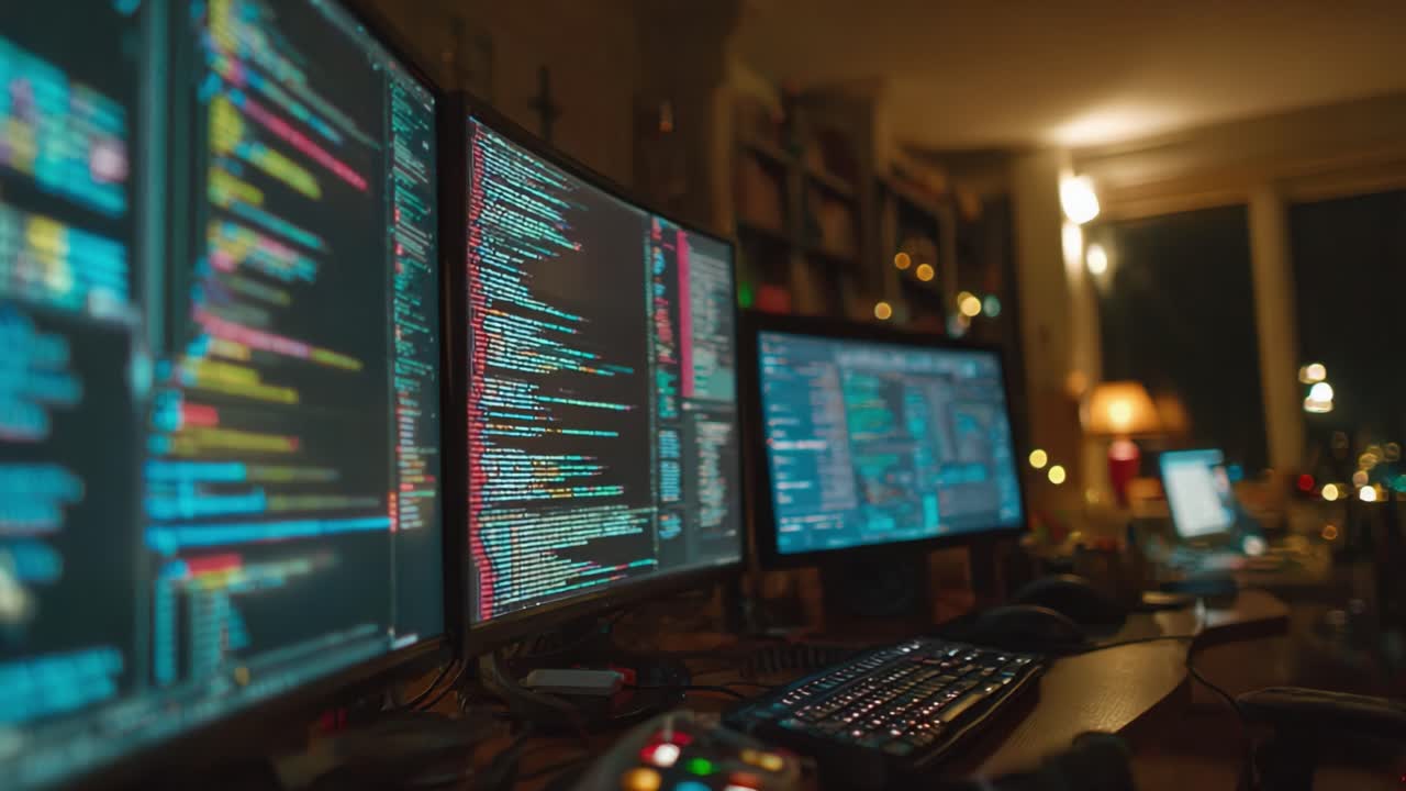 A Cozy Workspace Displaying Multiple Monitors with Programming Code: A Glimpse into the Life of a Programmer Working Late at Night Amidst a Warm Environment