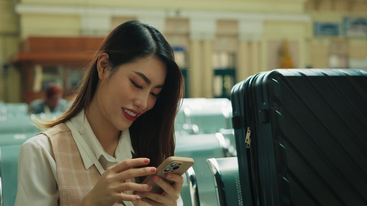 Woman using phone at train station