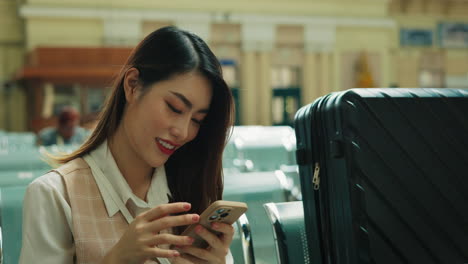 mujer usando el teléfono en la estación de tren