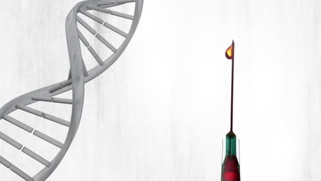 animation of dna strand spinning over syringe on white background