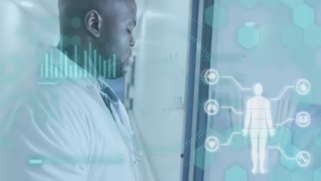 Animation-of-medical-data-processing-over-african-american-male-doctor