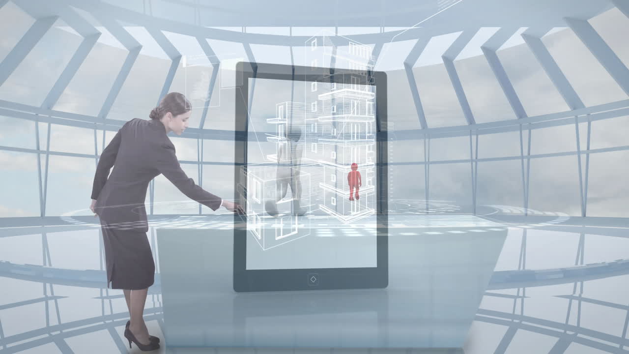 Interacting with animation on futuristic interface, businesswoman analyzing virtual figures