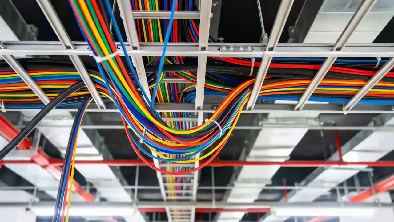 Tightening camera focus on ladder tray at ceiling, showing sagging colored cables and zip ties