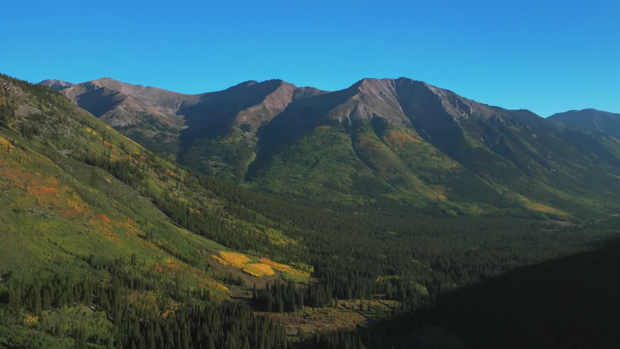 Huron Peak Collegiate Peaks trailhead morning valley La Plata Buena Vista summer fall autumn Rocky Mountains Colorado drone aerial Winfield camping Aspen Trees color peak sunny blue sky backwards pan