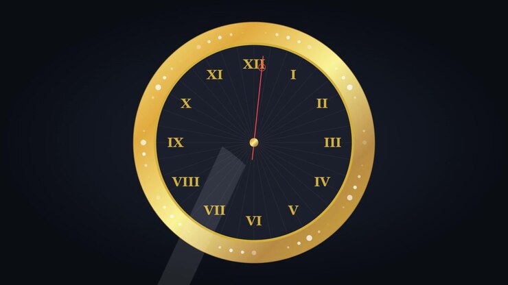 Golden Clock Face with Moving Hands on Dark Background