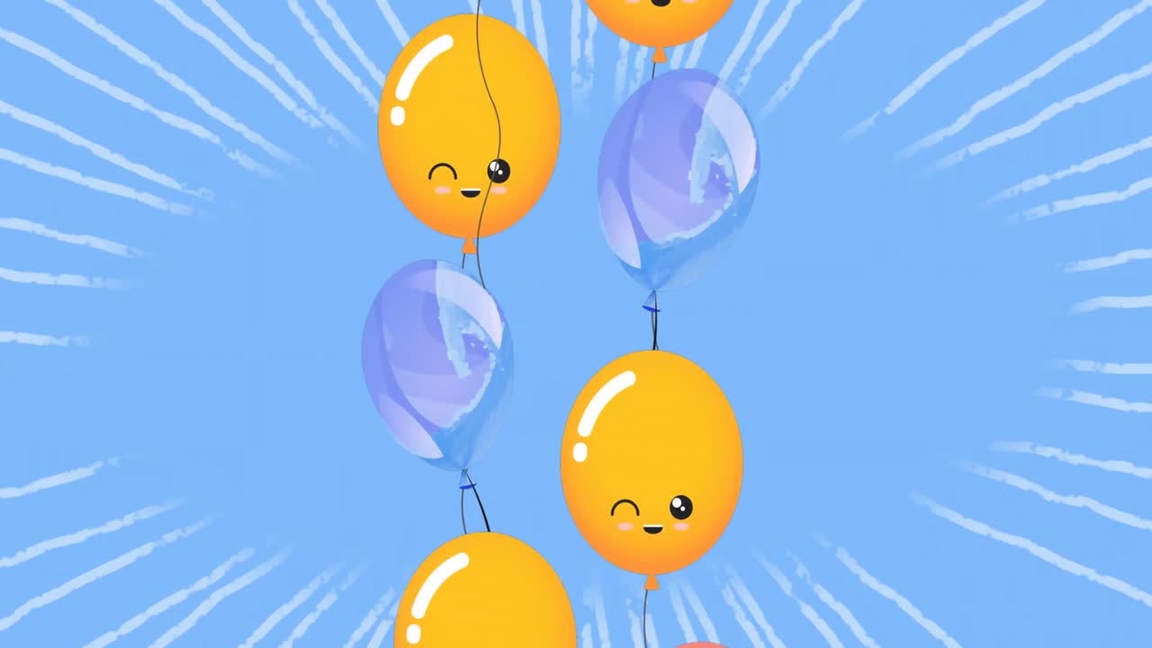 파란색 배경 위를 날아다니는 파란색과 노란색 풍선의 애니메이션