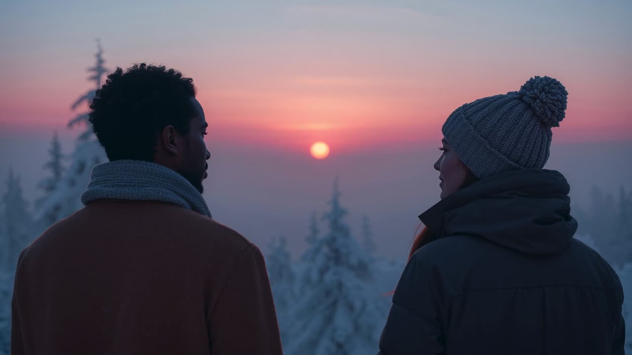 Watching sun descending, winter clad couple holding hands and gazing at snowy overlook, pastel sky