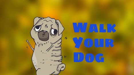 animación de pasear a su perro texto en azul, sobre la ilustración cómica de mascota perro pug