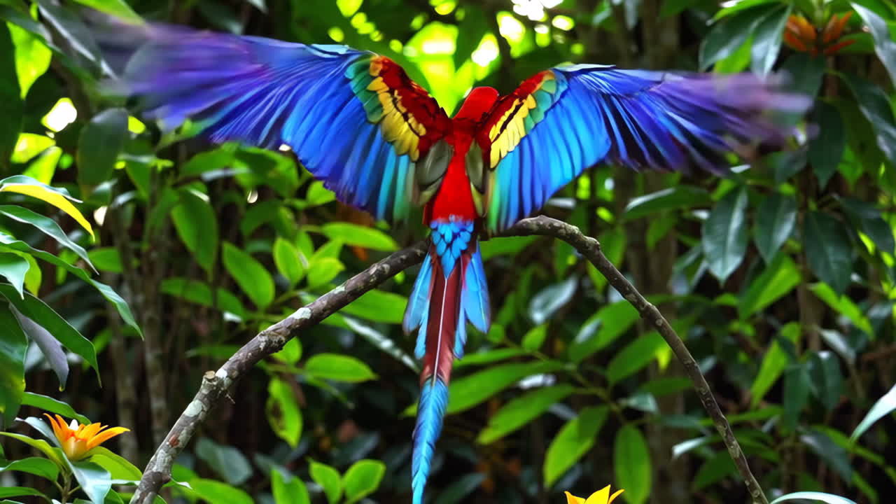 el colorido guacamayo con las alas extendidas en la selva tropical