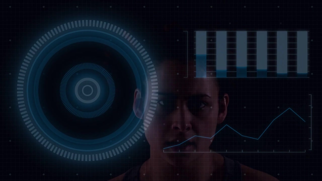 Standing female athlete in dark sports tank monitoring HUD with scanner, charts on dotted grid