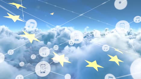 Animation-Des-Netzwerks-Von-Verbindungen-Von-Symbolen-Mit-Smartphones-über-Der-Flagge-Und-Den-Wolken-Der-Europäischen-Union