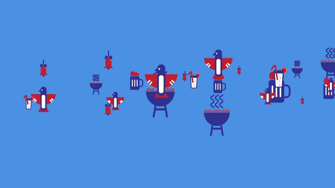 animación de banderas estadounidenses e iconos del día de la independencia moviéndose sobre un fondo azul