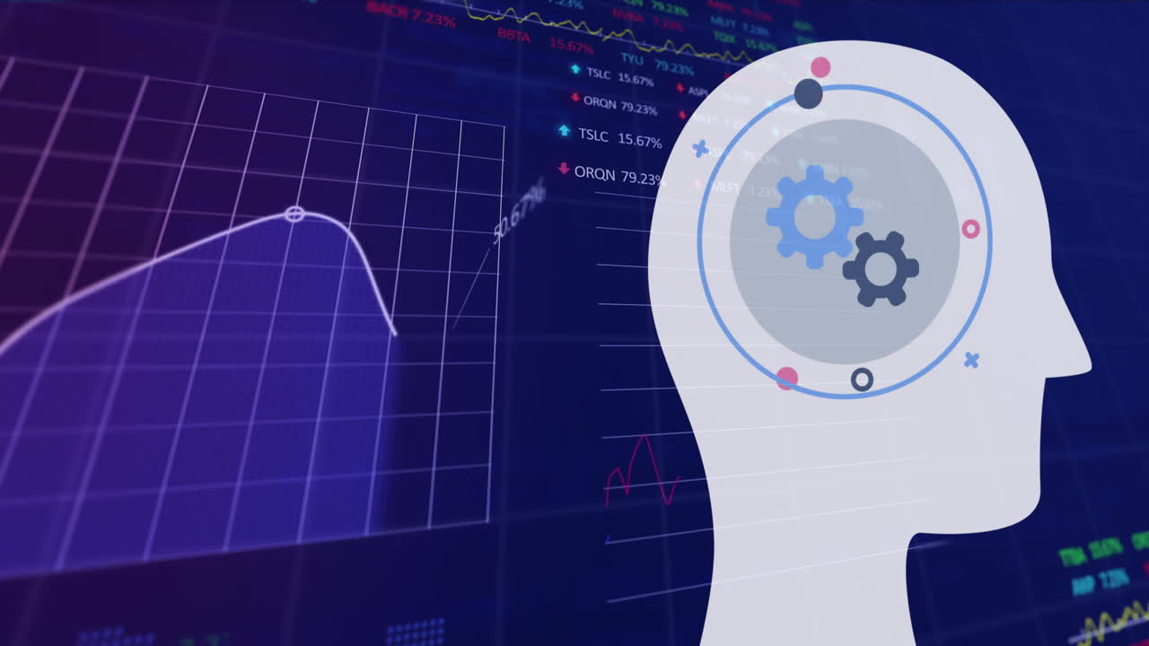 Animation of mechanical gears in circles on human representation over graphs and trading boards