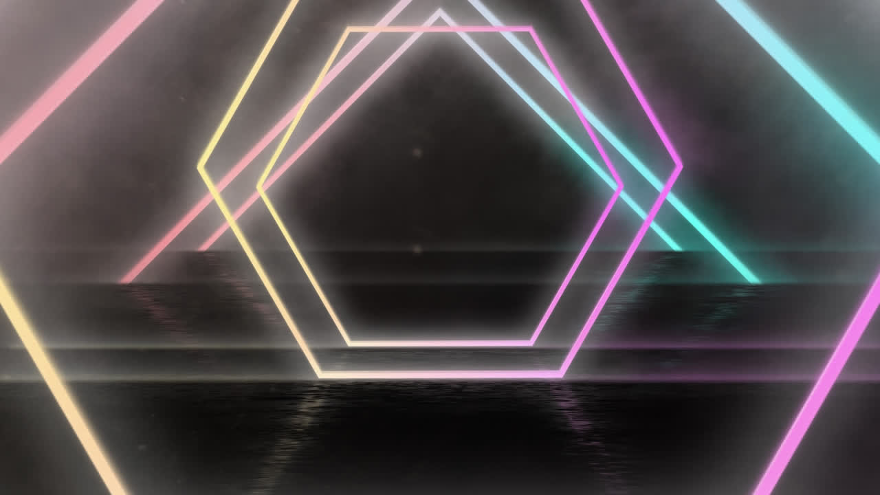 Animation of tunnel of multi coloured bright hexagons moving on a black background